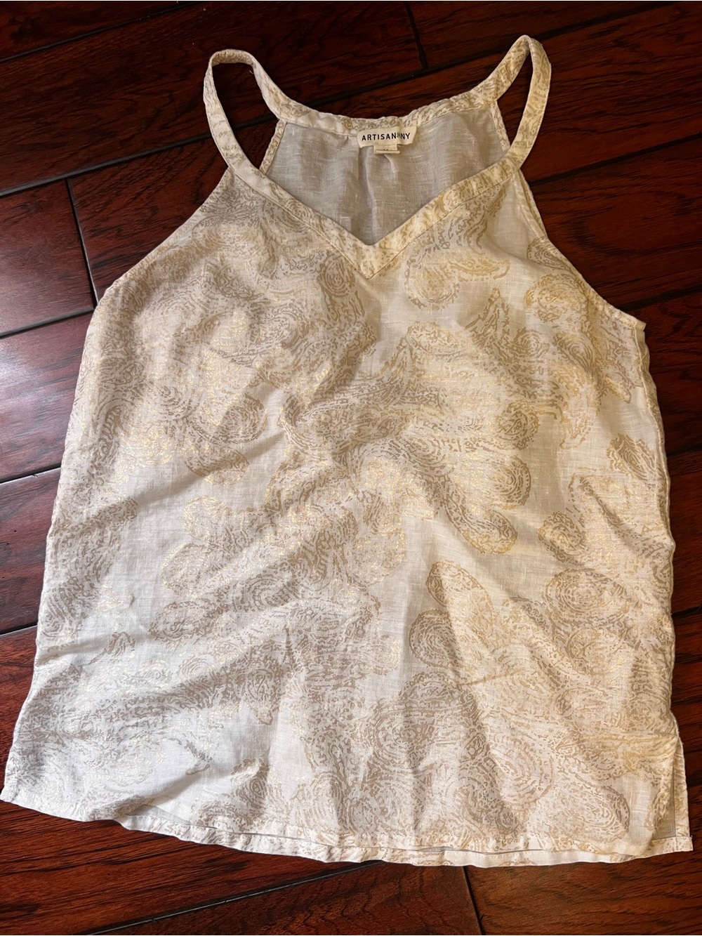 Artisan Linen Ny Cream and Gold Paisley Satin Camisole Top